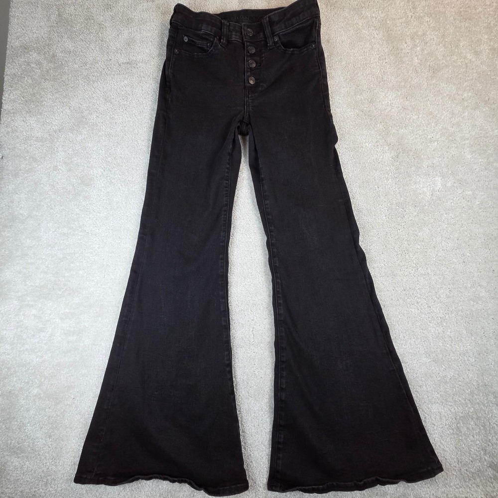 American Eagle Festival Flare High Rise Button Fly Black Jeans Size 4 Regular